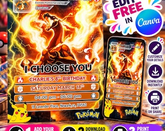 Editable Pokemon Birthday Invitation | Pokemon Evite, Printable Charizard Card Party Invitation, Printable & Canva Template Instant Download