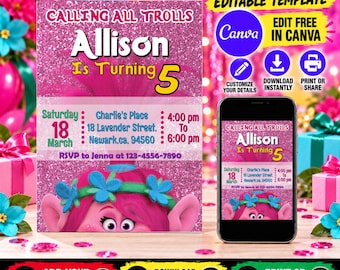 Editable Trolls Poppy Birthday Invitation | Trolls Girls invite, Template Printable, Troll invitation Digital Kids Invite | Instant Download