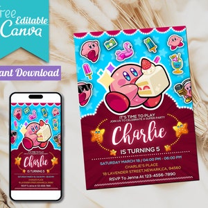 Bearbeitbare Kirby Geburtstagseinladung Vorlage | Druckbare Geburtstagseinladungen, Kinder-Party-Vorlage | Einladen in Canva | Sofort Download