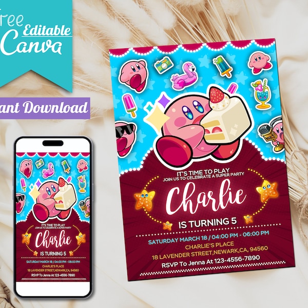 Plantilla de invitación de cumpleaños de Kirby / Invitación editable para fiesta infantil (descarga digital)