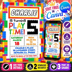 May include: A birthday invitation template featuring a colorful building block border, the text CHARLIE IS TURNING 5 PLAY TIME, and event details including date, time, location, and RSVP information, displayed on a card and a smartphone.