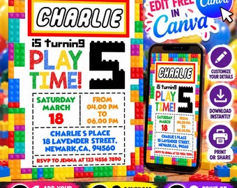 Building Blocks Birthday Invitation | Kids Birthday Invitation Template Printable | Building Brick Birthday Invite, Instant Digital Download