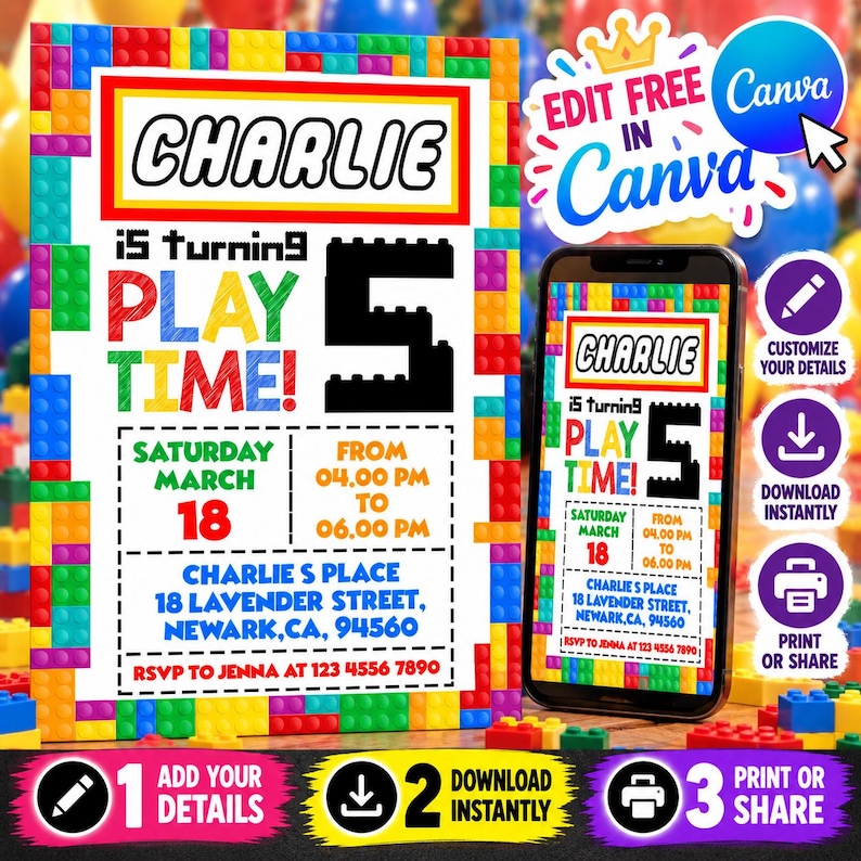 May include: A birthday invitation template featuring a colorful building block border, the text CHARLIE IS TURNING 5 PLAY TIME, and event details including date, time, location, and RSVP information, displayed on a card and a smartphone.