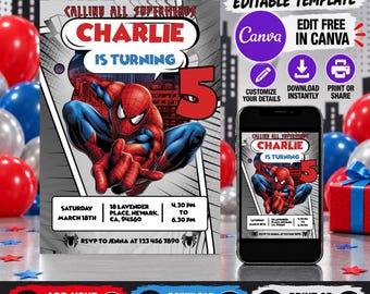 Editable Spiderman Invitation Birthday Party | Spiderman Digital Invitation | Spiderman Birthday | Editable With Canva | Instant Download