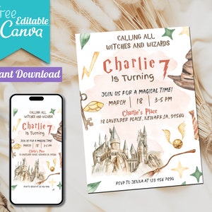 Puede incluir: Una invitación imprimible para una fiesta de cumpleaños con temática de Harry Potter. La invitación presenta una ilustración de acuarela del castillo de Hogwarts, una snitch dorada, una varita mágica y un sombrero seleccionador. El texto de la invitación dice "Calling all witches and wizards, Charlie 7 is turning. Join us for a magical time! March 18, 3-5 PM, Charlie's Place, 18 Lavender Place, Newark, CA, 94560. RSVP to Jenna at 123 456 7890."