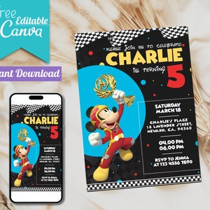 Invitación de cumpleaños editable de Mickey y Roadster Racer / Invitación de cumpleaños imprimible, Plantilla de fiesta para niños / Invitación en Canva / Descarga instantánea