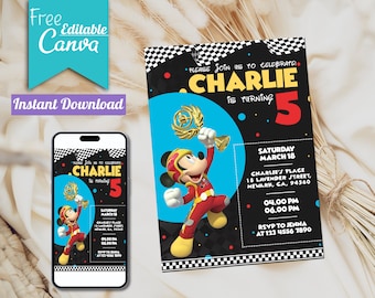 Mickey Roadster Birthday Invitation | Kids Party, Editable Canva Template (Digital Download)