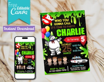 Editable Ghostbusters Birthday Invitation | Printable Ghostbusters Party Invitations, Kids Party Template, Invite in Canva, Instant Download