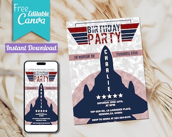 Fighter Jet Birthday Invitation, Airplane Party, Editable Template (Digital Download)