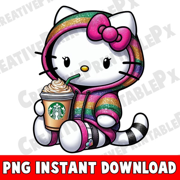 Hallo Bunter Hoodie Kaffee Kitty PNG | Hallo Liebe Png | Kitty Mädchen PNG | Glitter Bunte Schleife Sublimation PNG herunterladen | Sofort Download