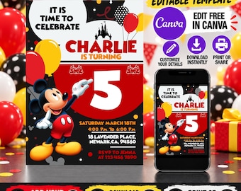 Editable Mickey Birthday Invitation Template | Printable Birthday Party Invitations, Kids party Template, Invite in Canva | Instant Download