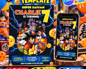 Editable Dragon Ball Birthday Invitation Template | Digital Kids Party Template, Boys Invite, Printable Editable in Canva | Instant Download