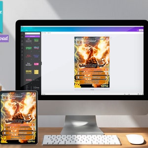 May include: A digital illustration of a Pokemon card featuring a fiery orange and yellow creature with a red and black background. The card has the text "I CHOOSE YOU" and "CHARIZARD VMAX" on it. The card is being edited in a digital design program.