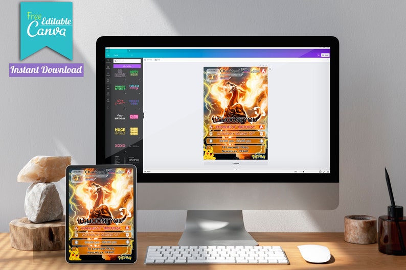May include: A digital illustration of a Pokemon card featuring a fiery orange and yellow creature with a red and black background. The card has the text "I CHOOSE YOU" and "CHARIZARD VMAX" on it. The card is being edited in a digital design program.