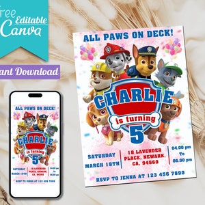 Invitation Paw-ty Patrouille modifiable | Modèle d'invitation pour enfants à imprimer, anniversaire de patrouille de chiots et d'équipage de chiots, 5 x 7 pouces Invitation téléchargement immédiat