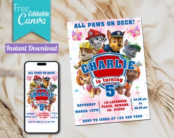 Editable Paw-ty Patrol Invitation | Kids Invitation Template Printable, Puppy Patrol and Pup Crew Birthday, 5x7 inch Invite Instant Download