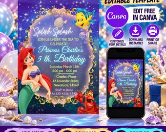Editable Little Mermaid Ariel Birthday invitation, Little Mermaid invite party invite card, Invite Party Mermaid Princess, INSTANT DOWNLOAD