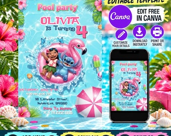 Editable Lilo & Stitch Pool Party Invitation, Birthday Invite Stitch Party Invite Printable Pool Birthday Template, Instant Digital Download