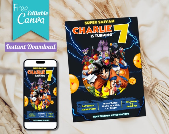 Editable Dragon Ball Birthday Invitation Template | Digital Kids Party Template, Boys Invite, Printable Editable in Canva | Instant Download