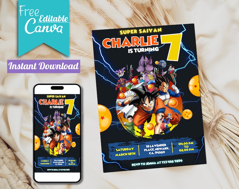 May include: A printable invitation for a Super Saiyan themed birthday party. The invitation features a black background with a yellow number 7, lightning bolts, and characters from the anime Dragon Ball Z. The text on the invitation reads "Super Saiyan Charlie is turning 7".