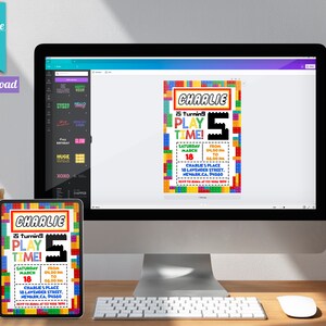 May include: A digital birthday invitation template displayed on a computer monitor and a tablet screen. The design features a colorful building block border, the name Charlie, and the text is turning 5 play time with event details.