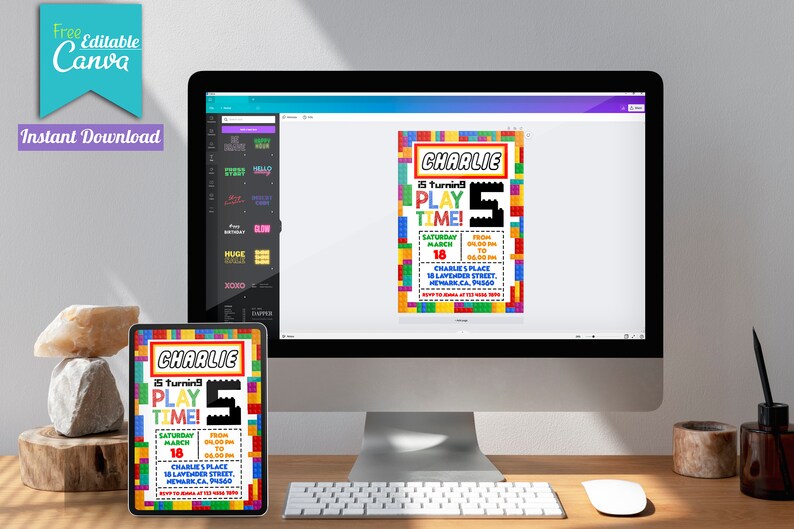 May include: A digital birthday invitation template displayed on a computer monitor and a tablet screen. The design features a colorful building block border, the name Charlie, and the text is turning 5 play time with event details.