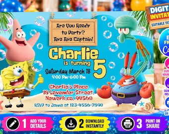 Editable Spongebob Birthday Invitation  | Sponge bob invite | Template Printable Party Invitations | Digital Kids Invite |  Instant Download