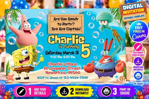 Editable Spongebob Birthday Invitation  | Sponge bob invite | Template Printable Party Invitations | Digital Kids Invite |  Instant Download