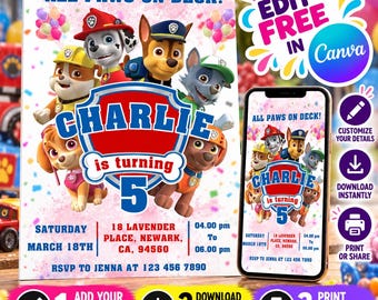 Editable Paw-ty Patrol Invitation | Kids Invitation Template Printable, Puppy Patrol and Pup Crew Birthday, 5x7 inch Invite Instant Download