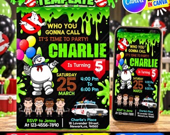 Editable Ghostbusters Birthday Invitation | Printable Ghostbusters Party Invitations, Kids Party Template, Invite in Canva, Instant Download