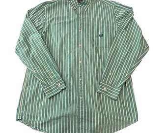 Chaps Easy Care Men's Green & White Striped Button Down Size Large Tall (LT)