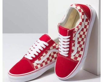 VANS Old Skool Primär Rot/Weiß Schachbrettmuster Unisex Sneakers M5.0/W6.5