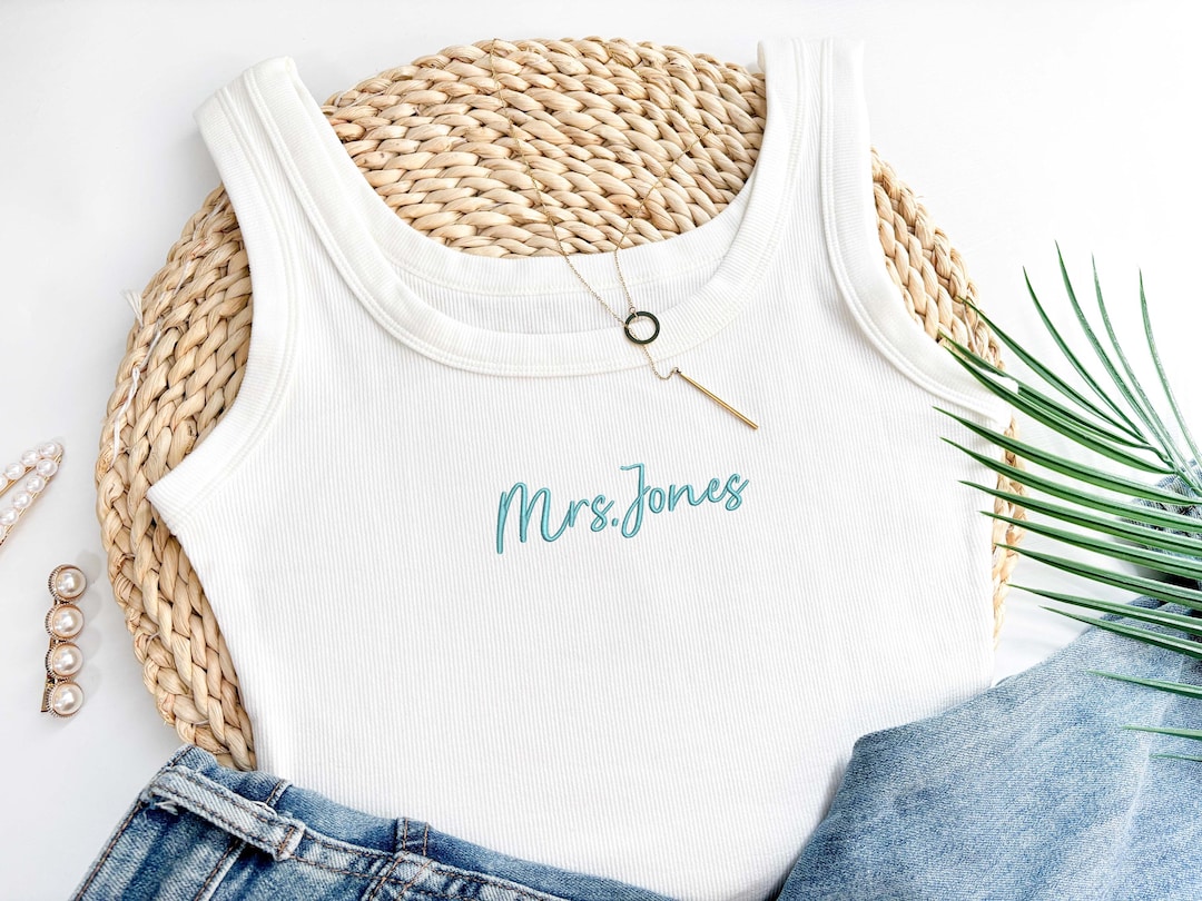 Embroidered Mrs. Tank Top, Bridal Shower Gift - M, White
