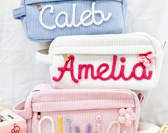 Personalized Corduroy Pencil Case: Crochet Flower Accent, Back to School