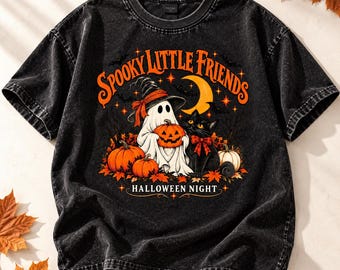 Vintage Halloween Shirt, Spooky Little Friends Tee, Ghost & Black Cat Graphic T-Shirt, Retro Halloween Washed Tee, Halloween Gift
