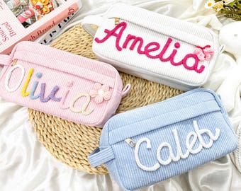 Personalized Corduroy Pencil Case: Crochet Flower Accent, Back to School