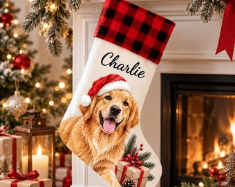 Custom Pet Portrait Christmas Stocking, Personalised Dog Watercolor Stocking, Pet Memorial Christmas Stocking