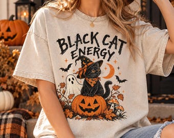 Black Cat Halloween Shirt, Vintage Witchy Cat T-Shirt, Spooky Season Graphic Tee, Pumpkin Ghost Halloween Tee, Cat Lover Gift