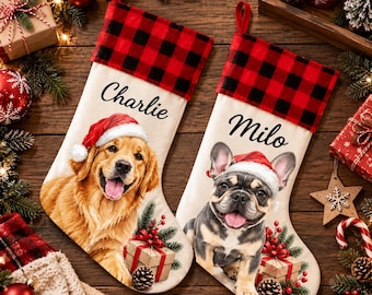 Custom Pet Portrait Christmas Stocking, Personalized Dog Watercolor Keepsake (Linen)