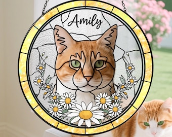 Custom Pet Portrait Stained Glass Suncatcher, Stained Glass Cat / Dog Pet Memorial, Custom cat Portrait from Photo, pet loss gifts
