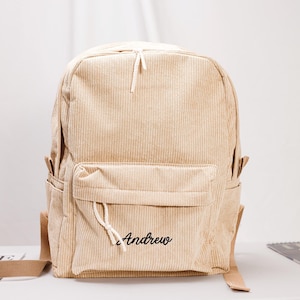 Broderie personnalisée Sac à dos en velours personnalisé, sac de voyage, sac à dos d'école, cadeau d'anniversaire, élégant cartable en velours côtelé, sac unisexe à monogramme