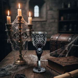 Black Cat Pentagram Chalice – Gothic Wiccan Goblet with Stainless Steel Lining
