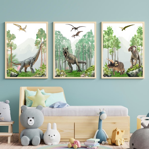 Décoration Murale Chambre Enfant - Thème Dinosaures - Set 3 affiches - Jurassique - Images Murales