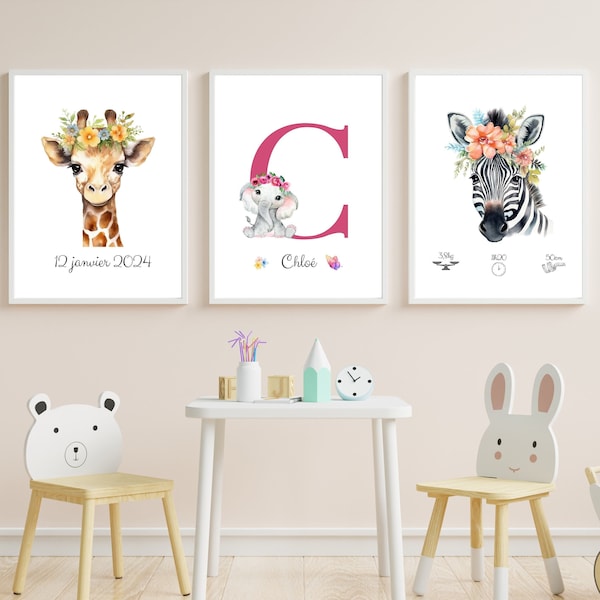 Décoration Murale Chambre Enfant - Thème Animaux Savane - Set 3 affiches - Cadeau de Naissance - Cadeau Personnalisé