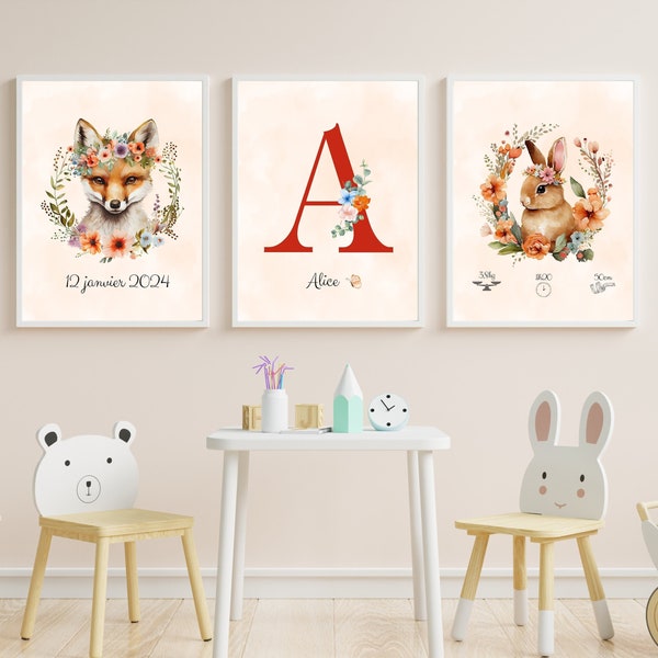 Décoration Murale Chambre Enfant - Thème Animaux, Fleurs - Set 3 affiches - Cadeau de Naissance - Triptyque Renard et Lapin