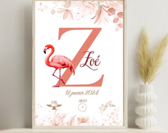 Personalisiertes Geburtsplakat „Rosa Flamingo“, „Blumen“ – Baby-Souvenir-Poster – Anpassbares Geschenk – Geschenk zur Geburt