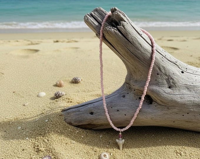 Pastel Pink Beaded Shark Tooth Necklace