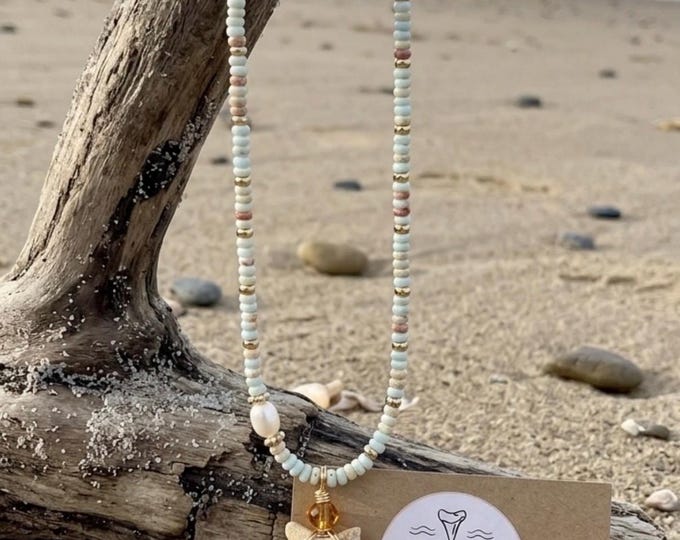 Mint Pearl Surf Shark Tooth Beaded Necklace