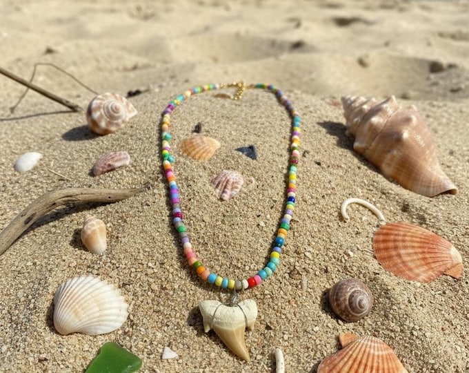 Rainbow Beaded Shark Tooth Necklace