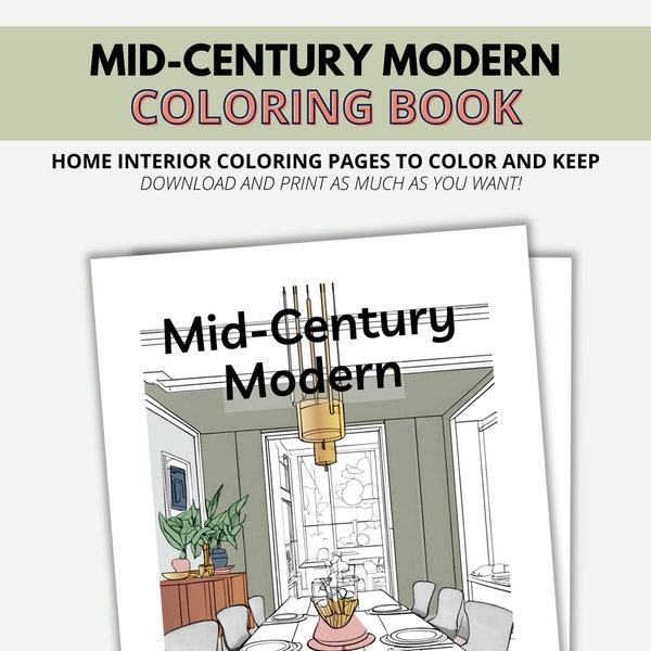 Libro para colorear del hogar moderno de mediados de siglo, descarga digital, páginas para colorear generadas por IA, páginas para colorear del interior del hogar, colorear para adultos